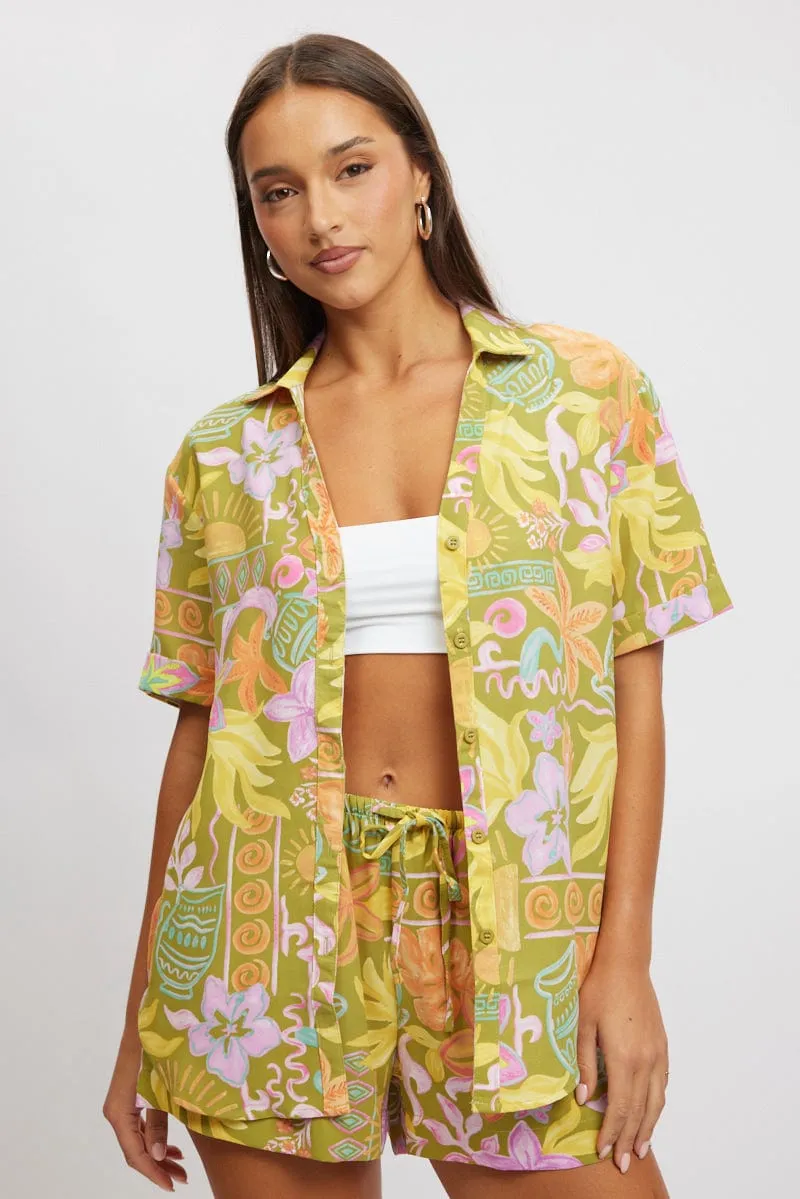 Green Abstract Relaxed Shirt Short Sleeve