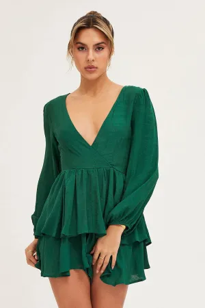 Green Playsuit Long Sleeve V Neck