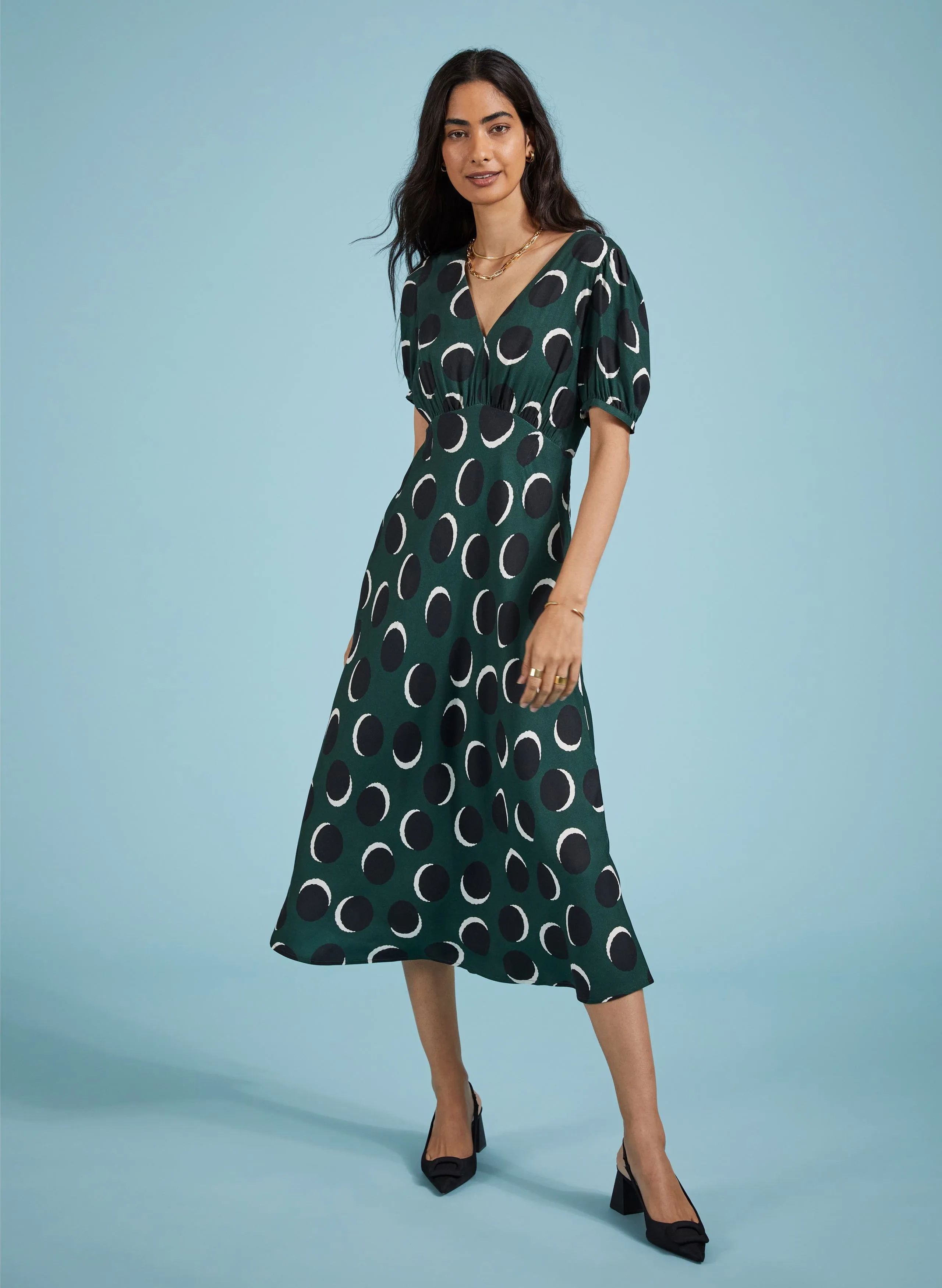 Kaydence Livaeco Printed Midi Tea Dress | Green Shadow Spot