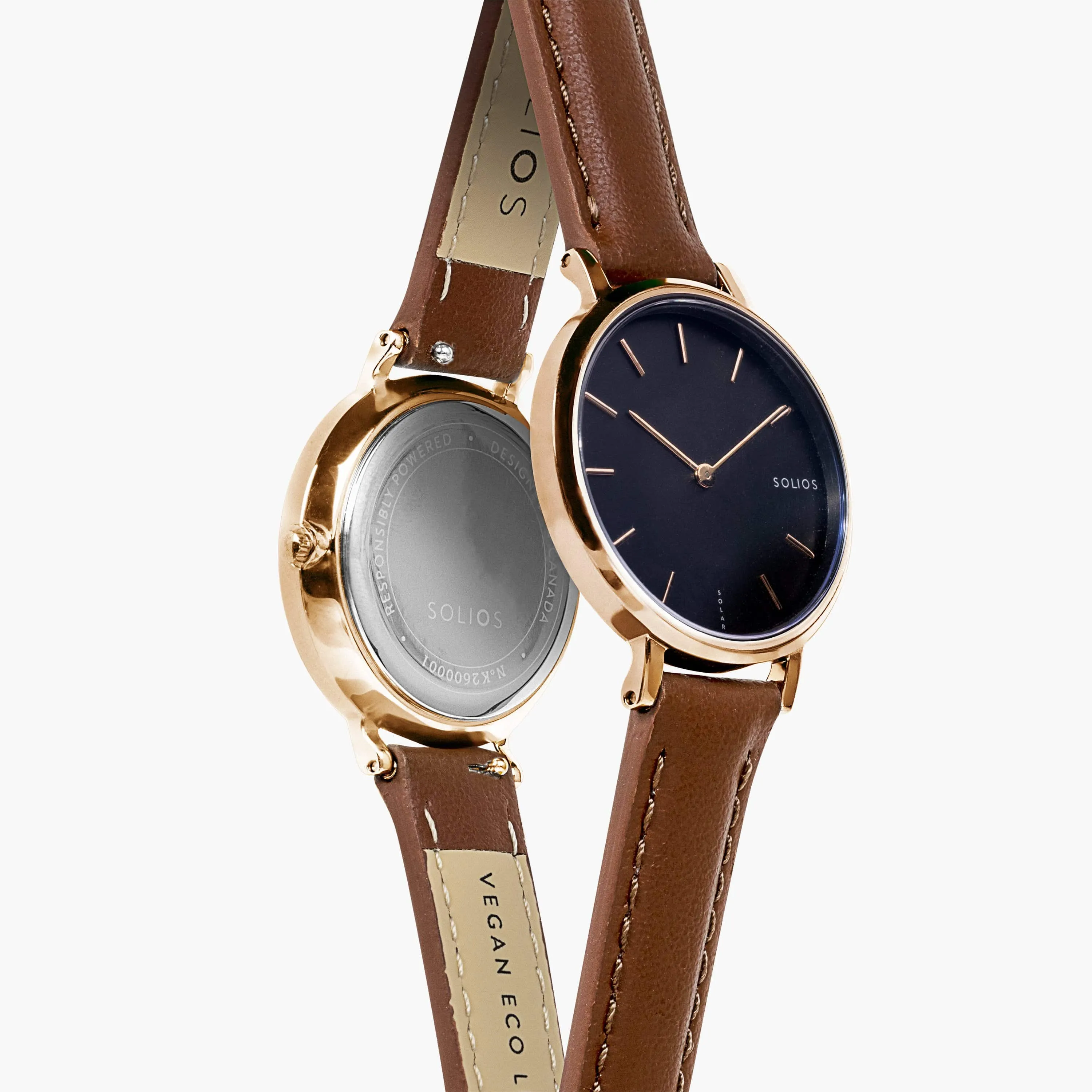 Mini Solar Watch with Black & Rose Gold Dial | Brown Vegan Leather Strap