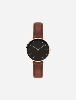 Mini Solar Watch with Black & Rose Gold Dial | Brown Vegan Leather Strap