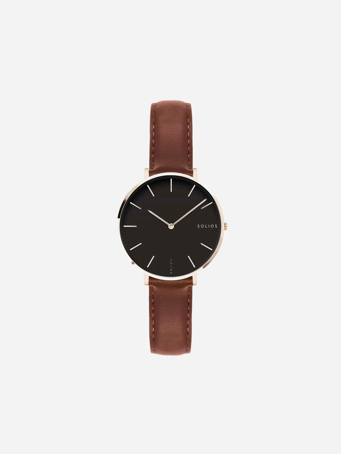 Mini Solar Watch with Black & Rose Gold Dial | Brown Vegan Leather Strap