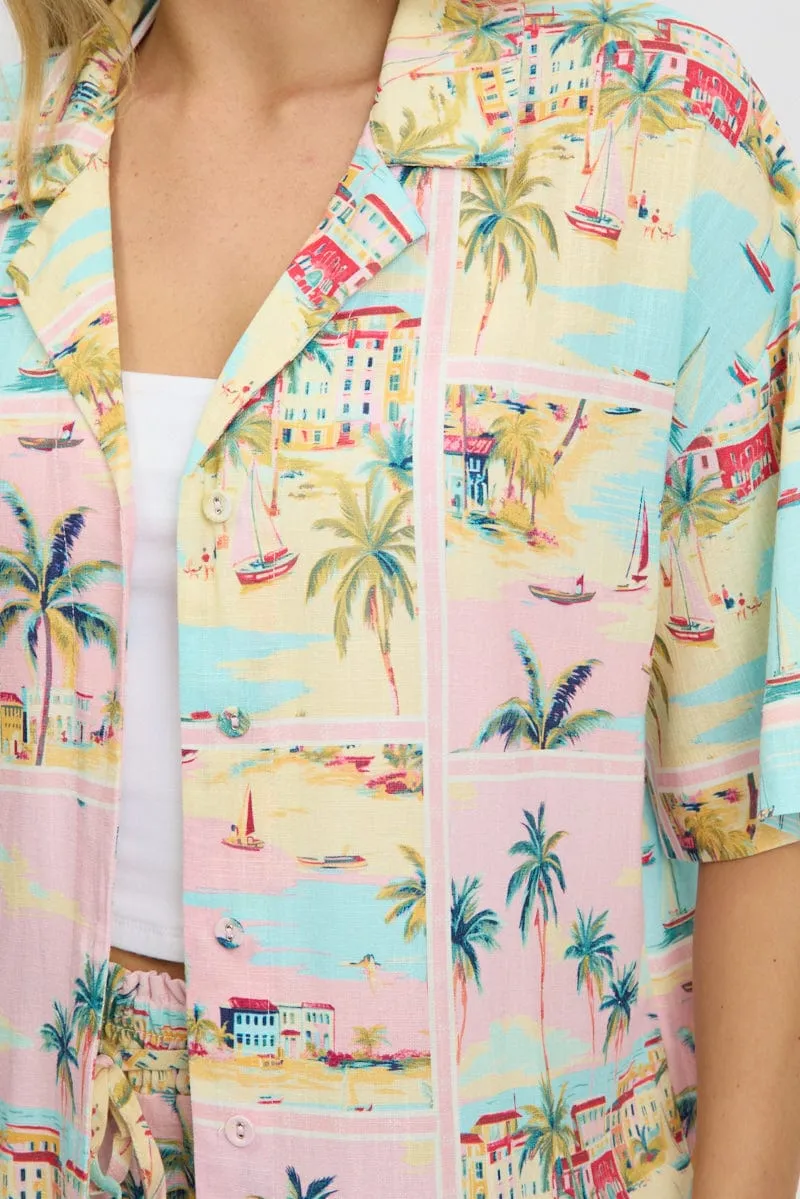 Multi Abstract Relaxed Shirt Short Sleeve Linen Blend