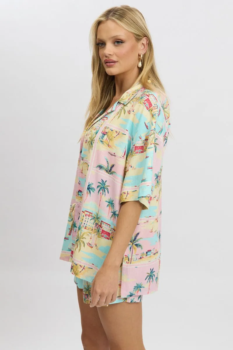 Multi Abstract Relaxed Shirt Short Sleeve Linen Blend