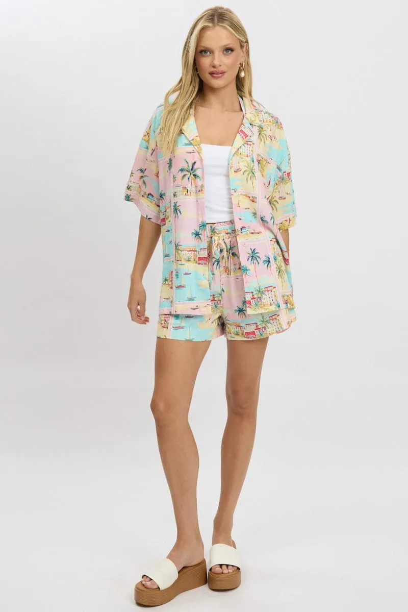 Multi Abstract Relaxed Shirt Short Sleeve Linen Blend