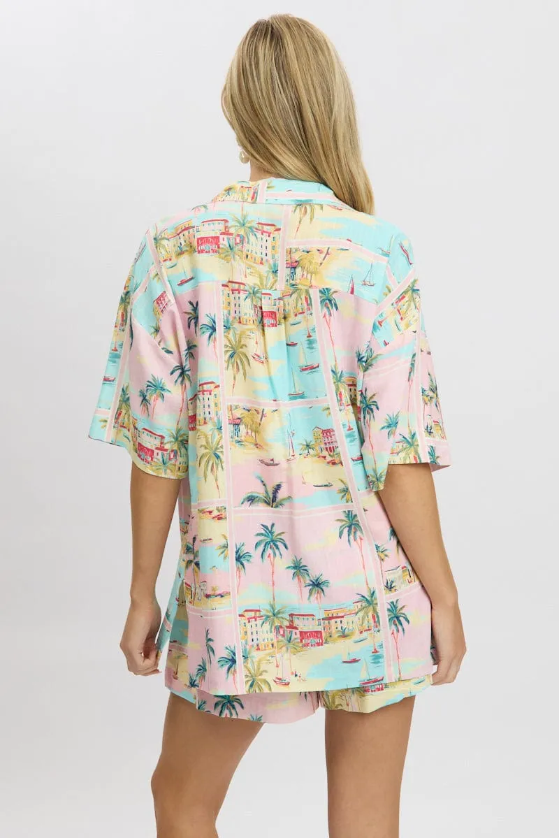 Multi Abstract Relaxed Shirt Short Sleeve Linen Blend