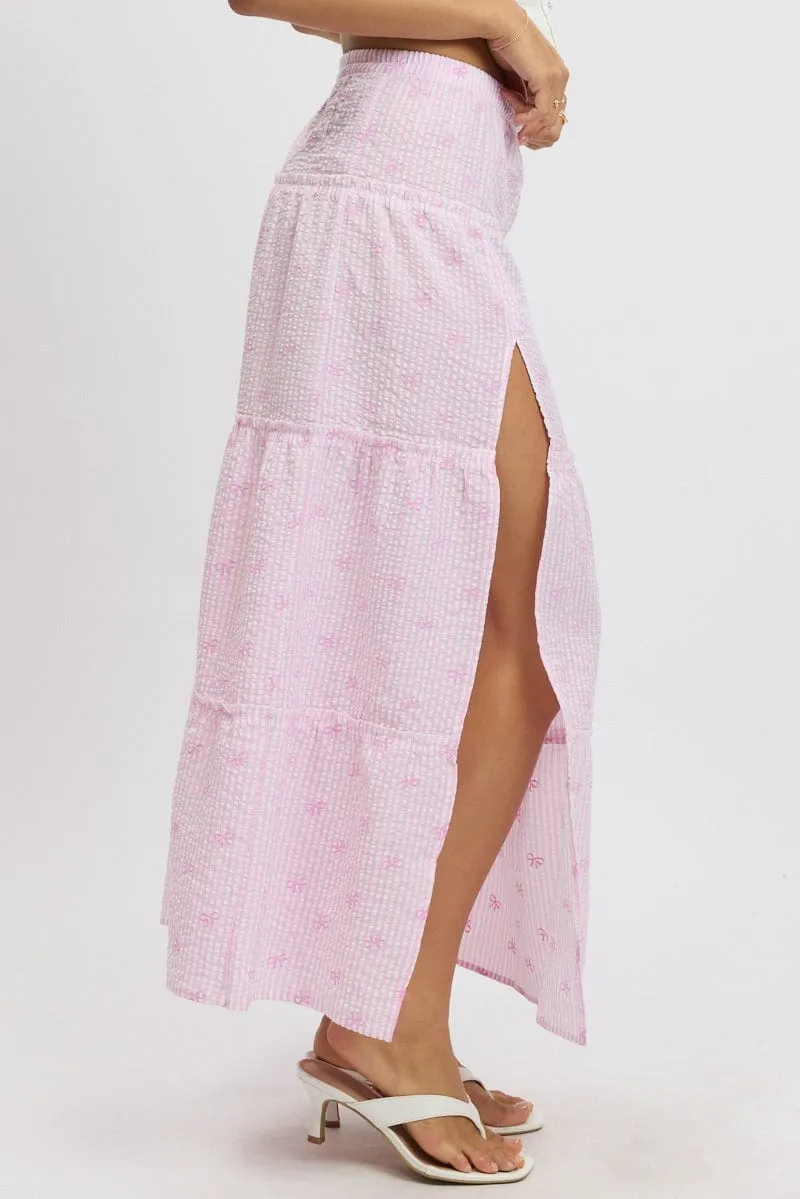 Pink Stripe Tiered Maxi Skirt Elastic Waist Slit Ruffle