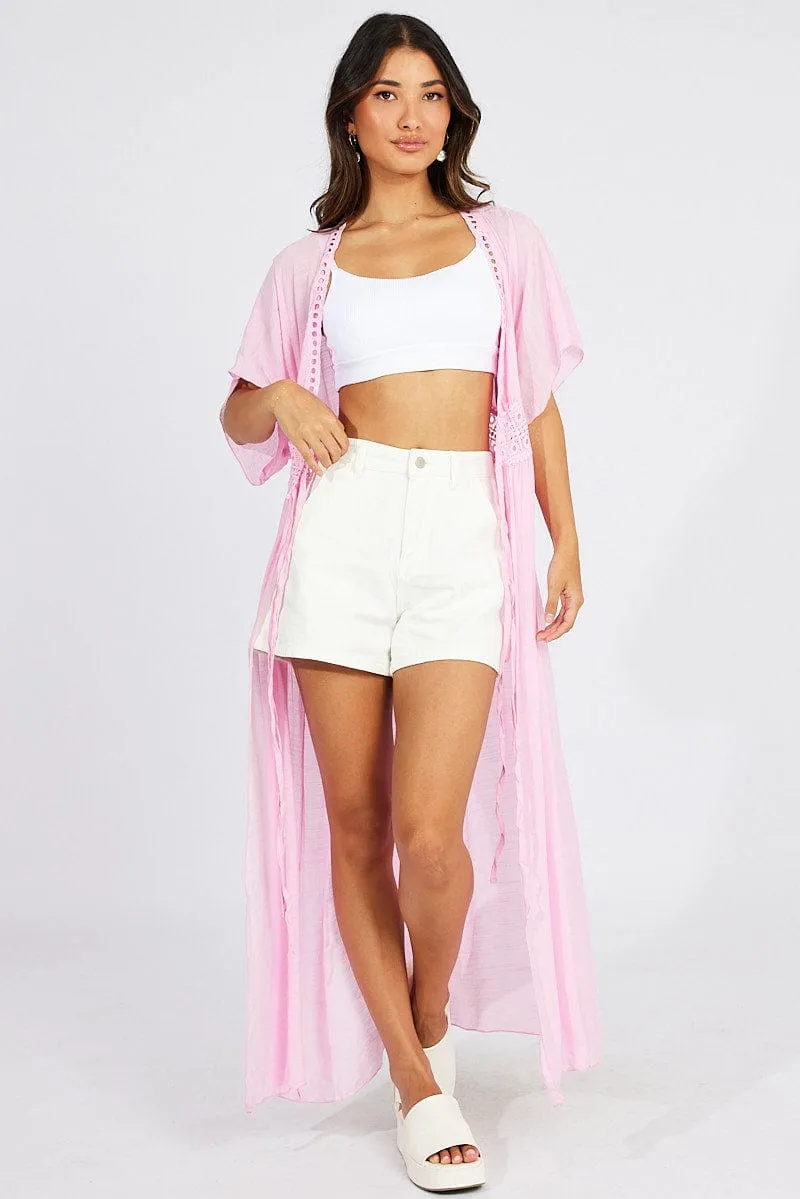 Pink Tie Front Kimono Short Sleeve Longline