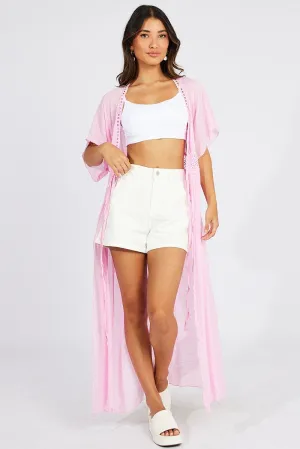 Pink Tie Front Kimono Short Sleeve Longline