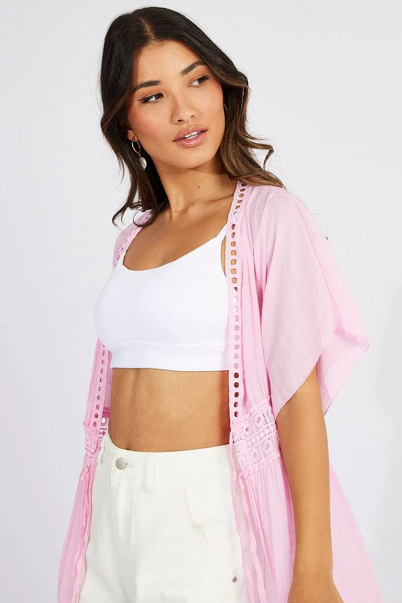 Pink Tie Front Kimono Short Sleeve Longline