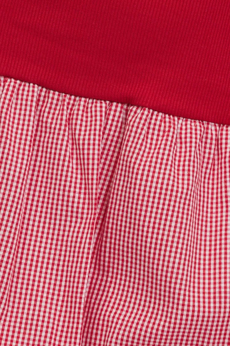 Red Check Bubble Skirt High Rise Rib Waist Mini Balloon