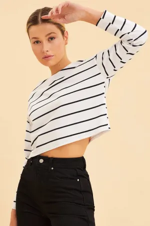 Stripe Boxy Top Wide Neck Long Sleeve