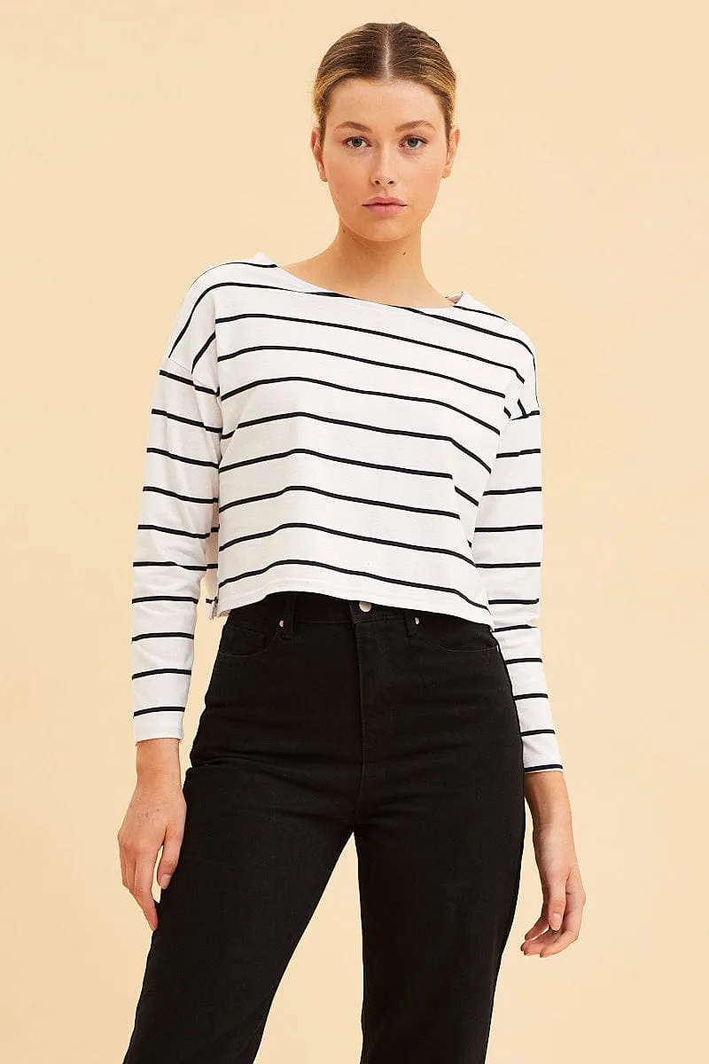 Stripe Boxy Top Wide Neck Long Sleeve