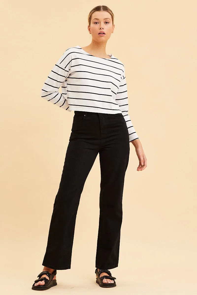 Stripe Boxy Top Wide Neck Long Sleeve