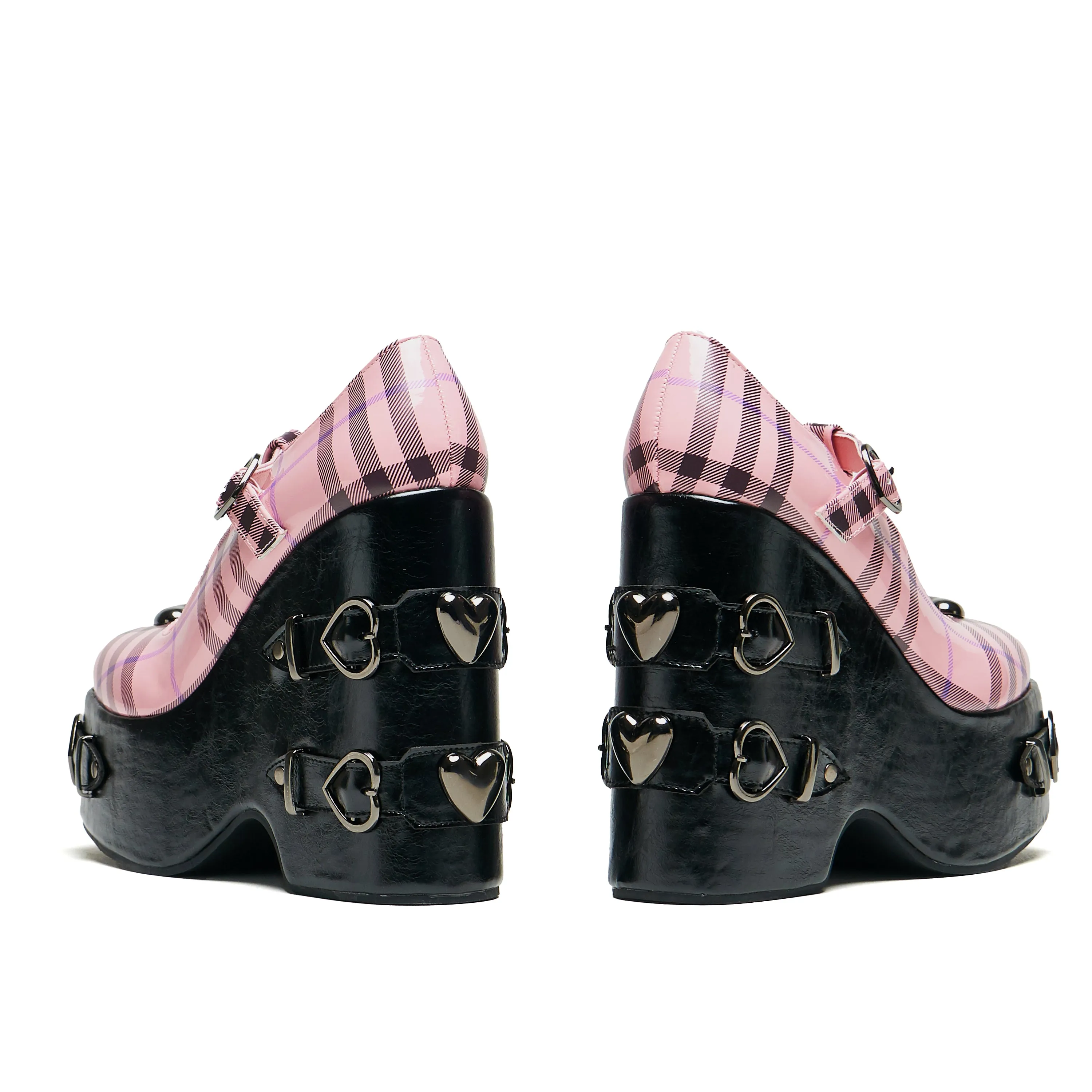Sweet Apathy Plaid Wedge Mary Janes - Pink