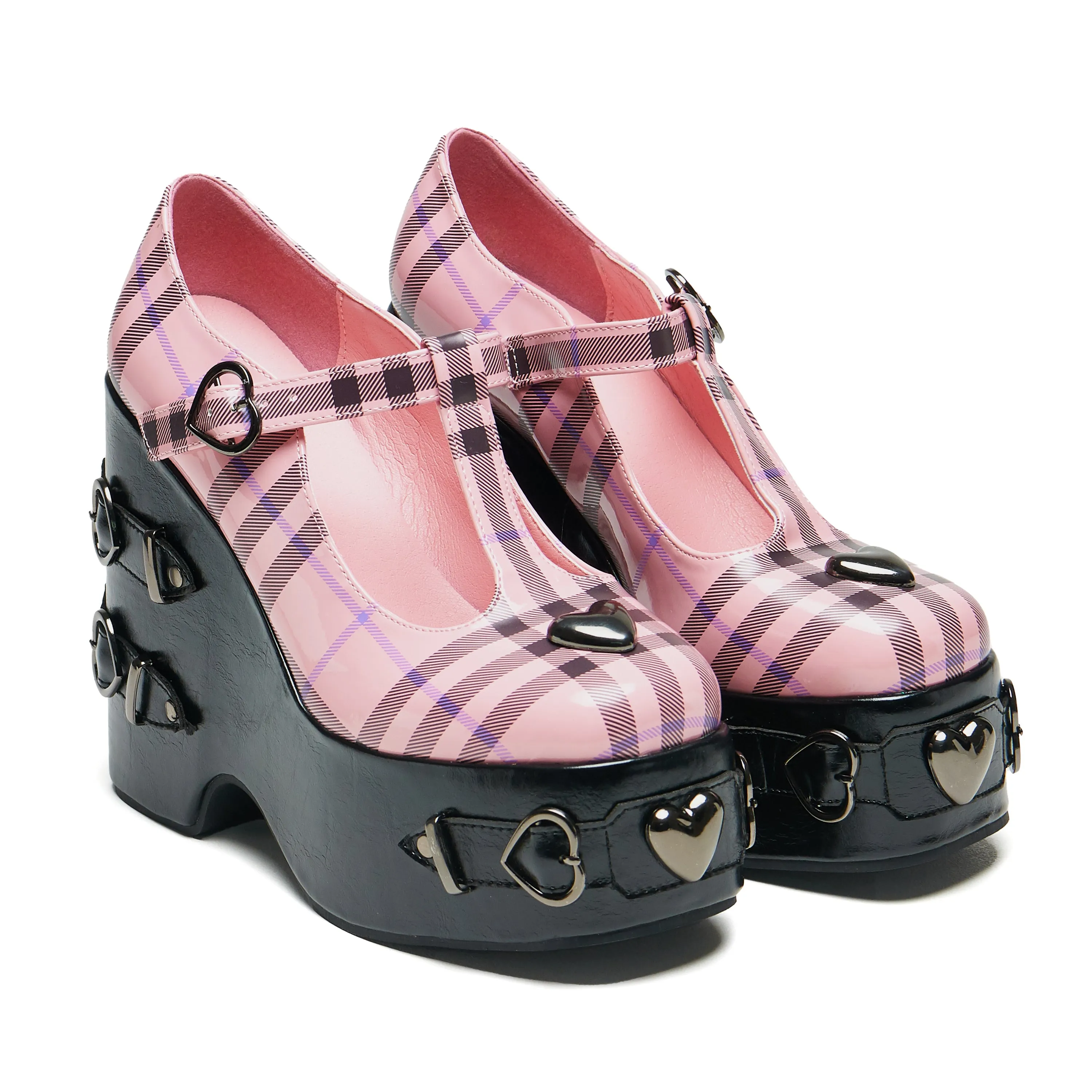 Sweet Apathy Plaid Wedge Mary Janes - Pink