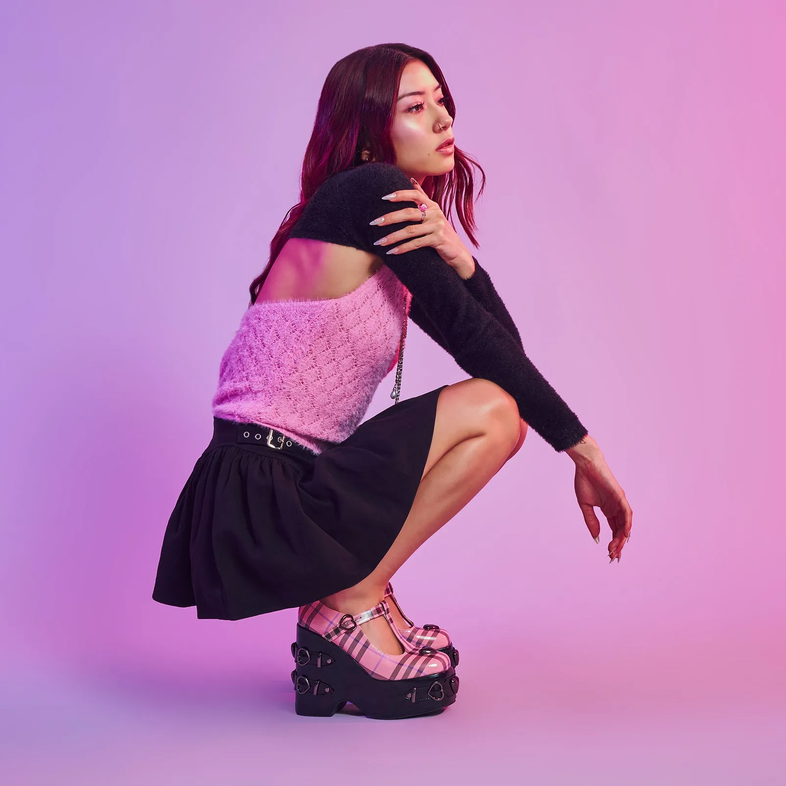 Sweet Apathy Plaid Wedge Mary Janes - Pink