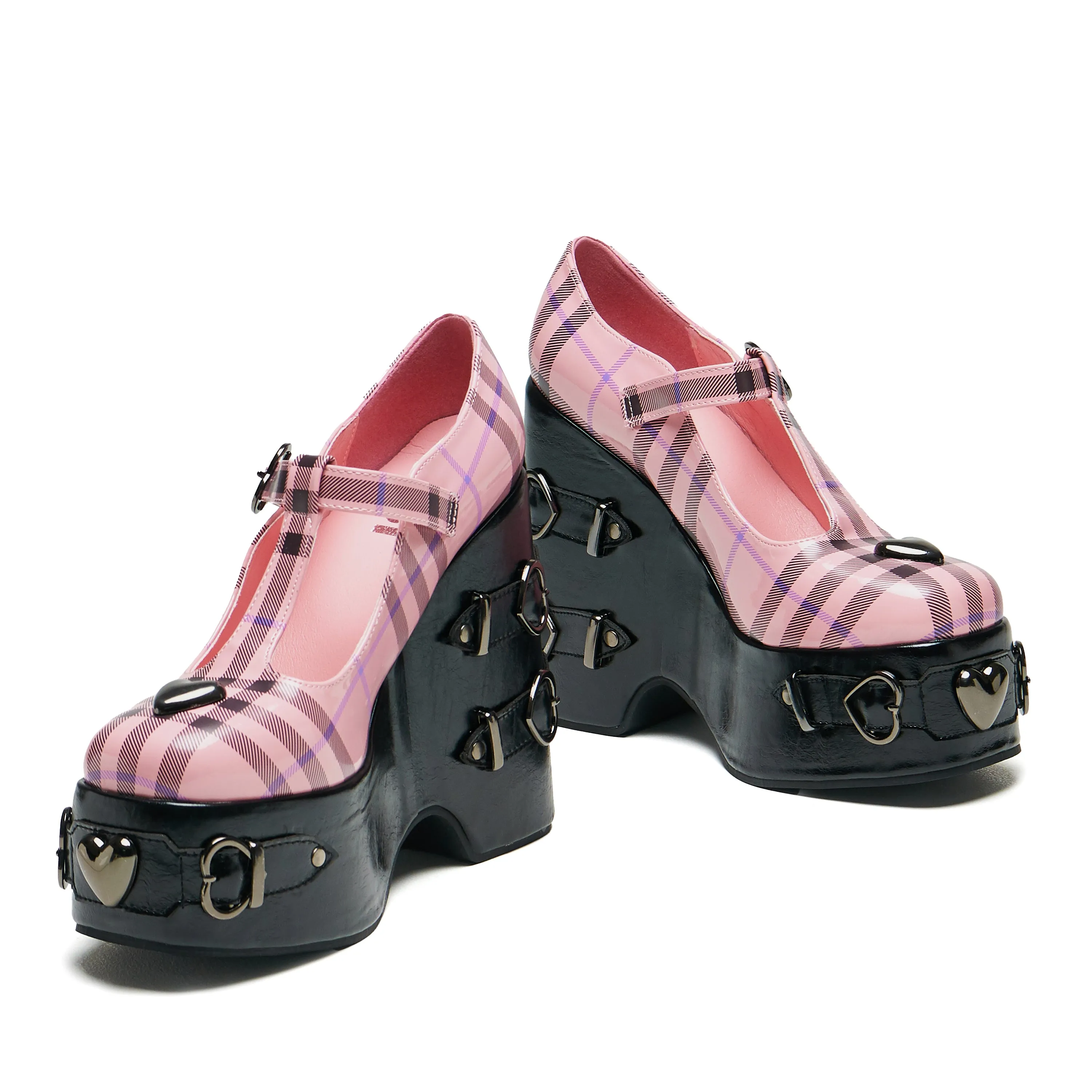 Sweet Apathy Plaid Wedge Mary Janes - Pink