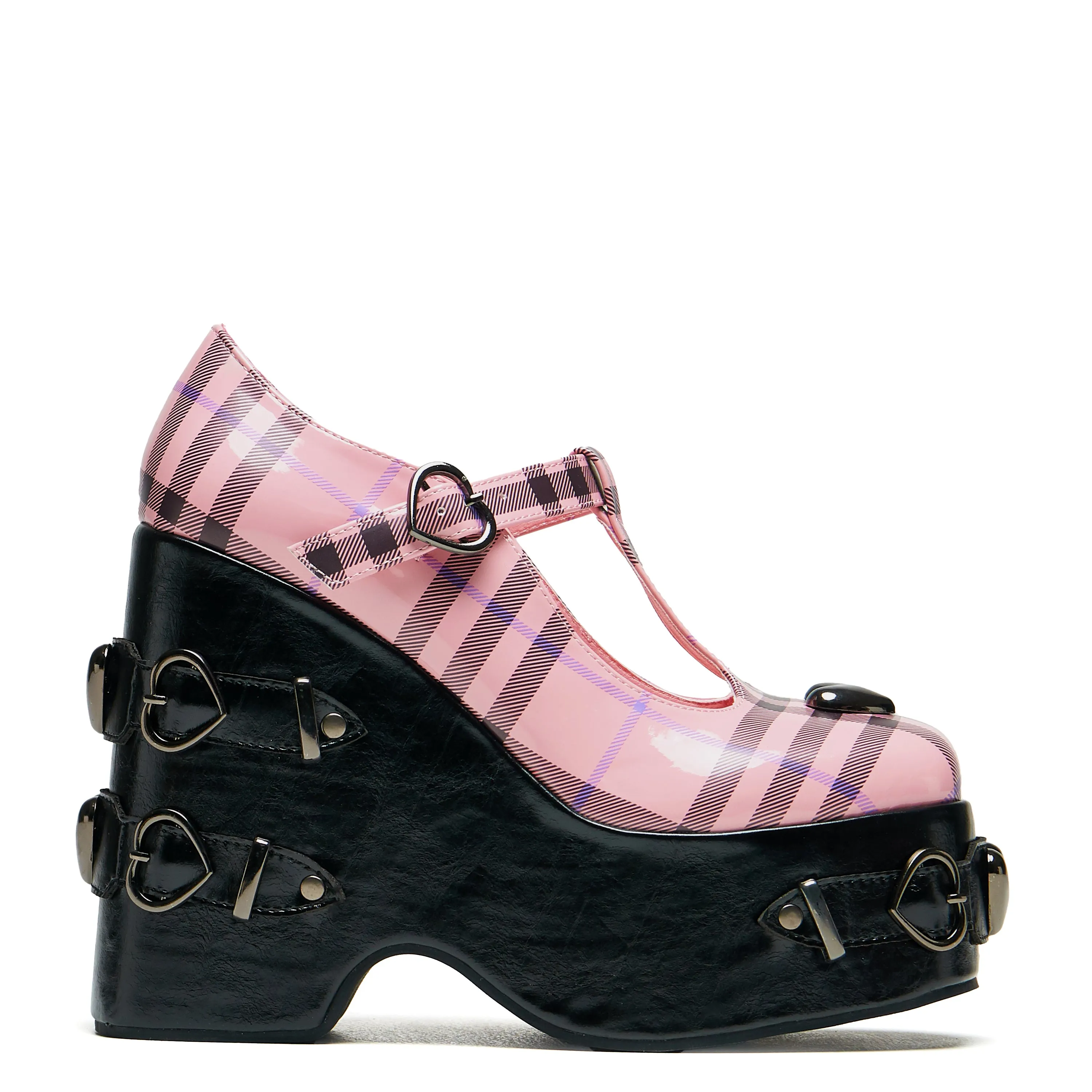 Sweet Apathy Plaid Wedge Mary Janes - Pink