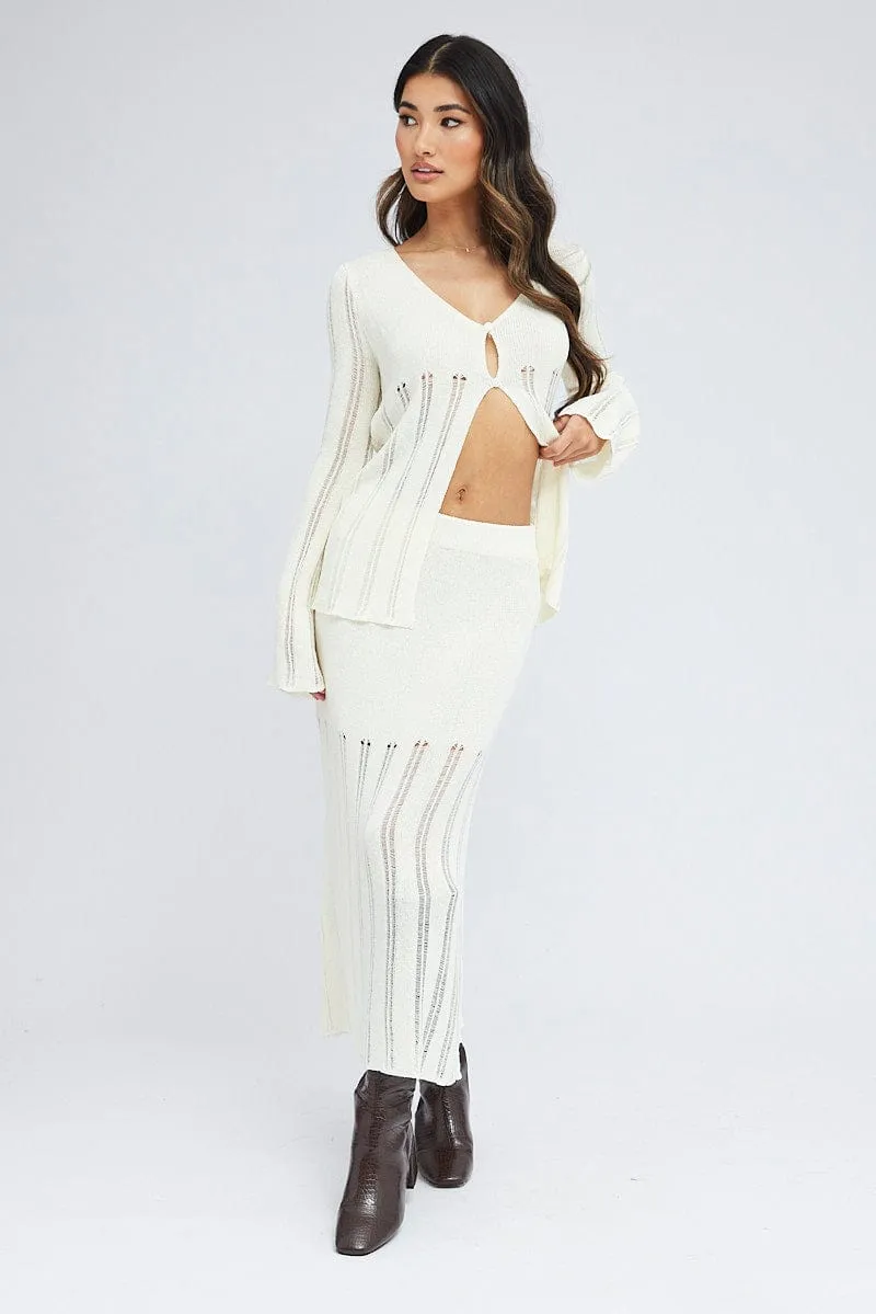 White Cardigan Long Sleeve V Neck Button Ladder Knitted