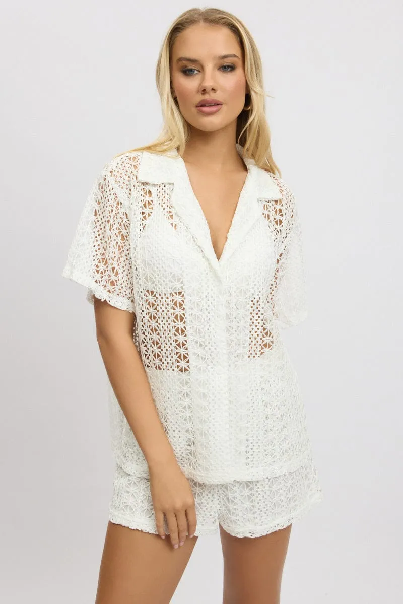 White Crochet Collar Cardigan Short Sleeve