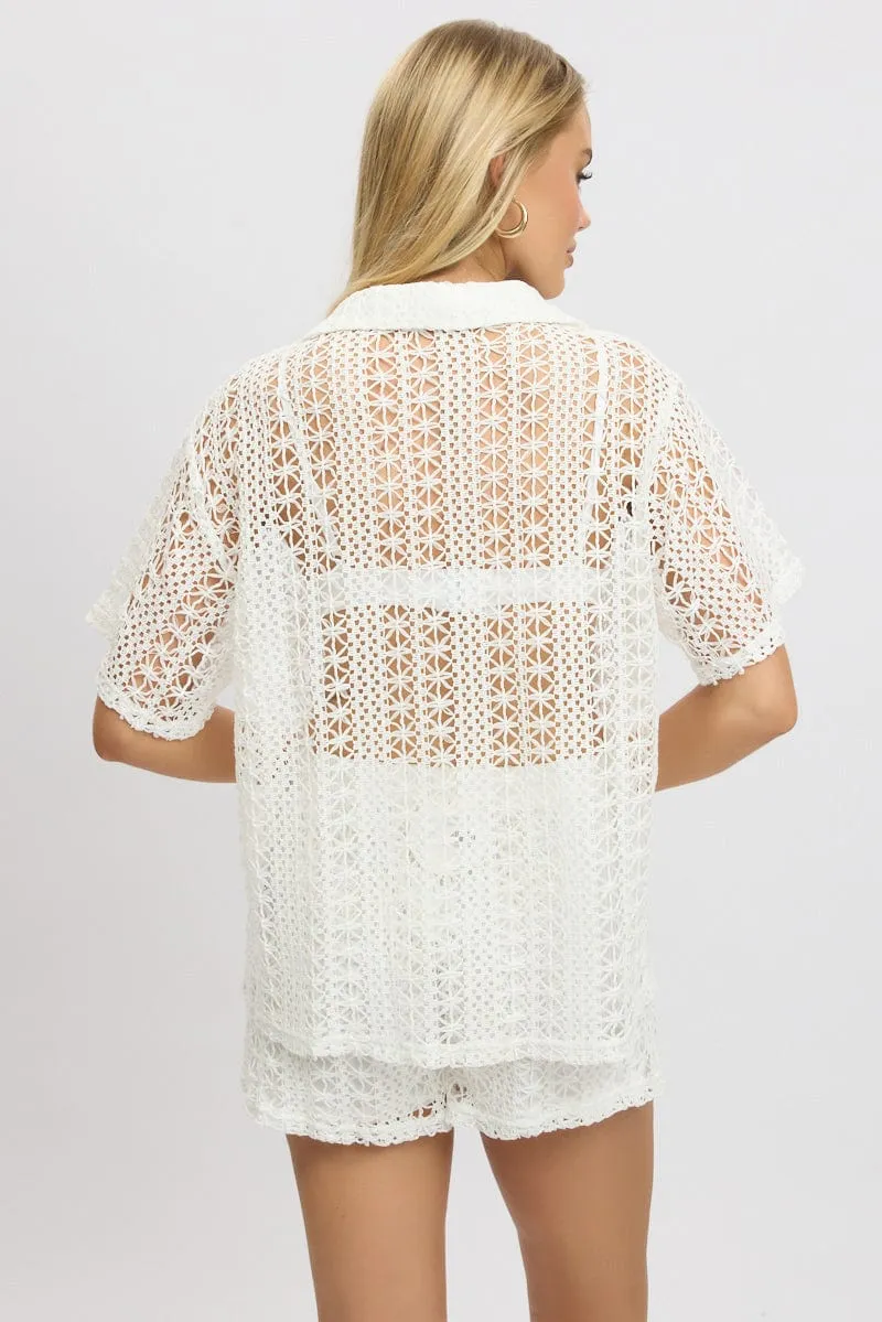 White Crochet Collar Cardigan Short Sleeve