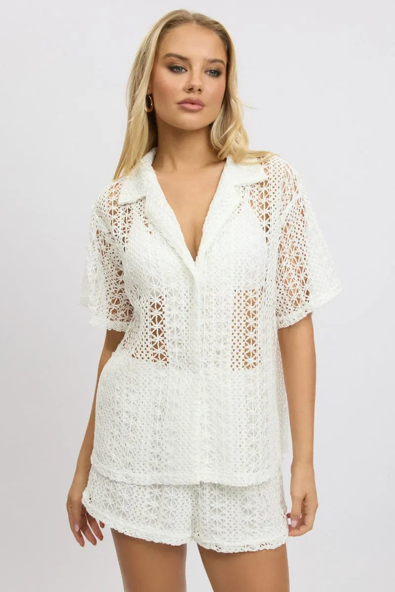 White Crochet Collar Cardigan Short Sleeve