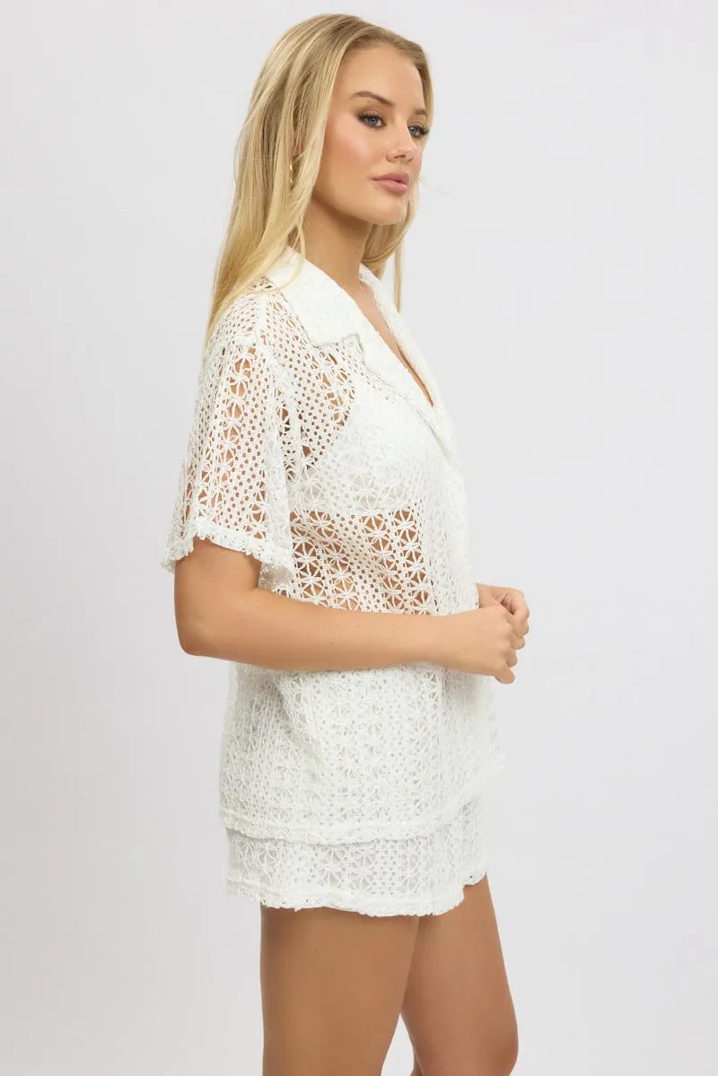 White Crochet Collar Cardigan Short Sleeve