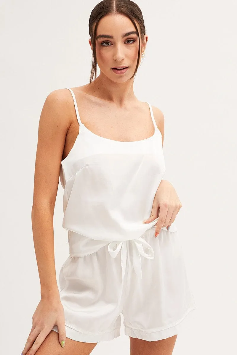 White Pyjamas Set Scoop Neck Cami Top & Shorts Satin