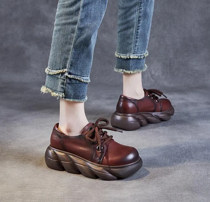 Women Retro Platform Genuine Leather Everyday Casual Shoes