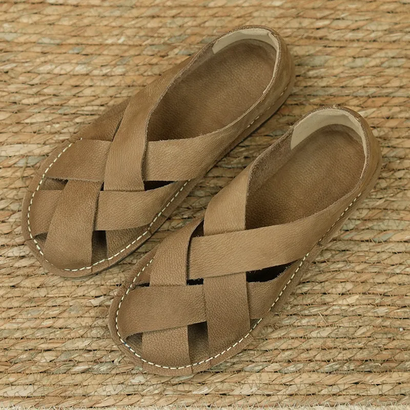 Women Summer Casual Genuine Cowhide Woven Flats Soft Sole Shoes