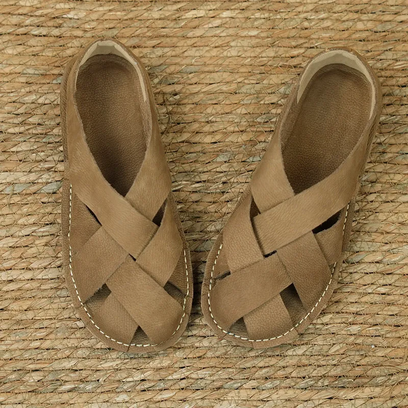 Women Summer Casual Genuine Cowhide Woven Flats Soft Sole Shoes