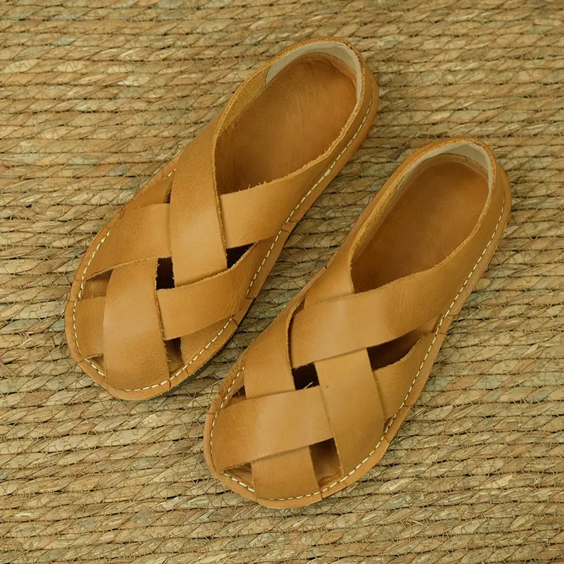 Women Summer Casual Genuine Cowhide Woven Flats Soft Sole Shoes