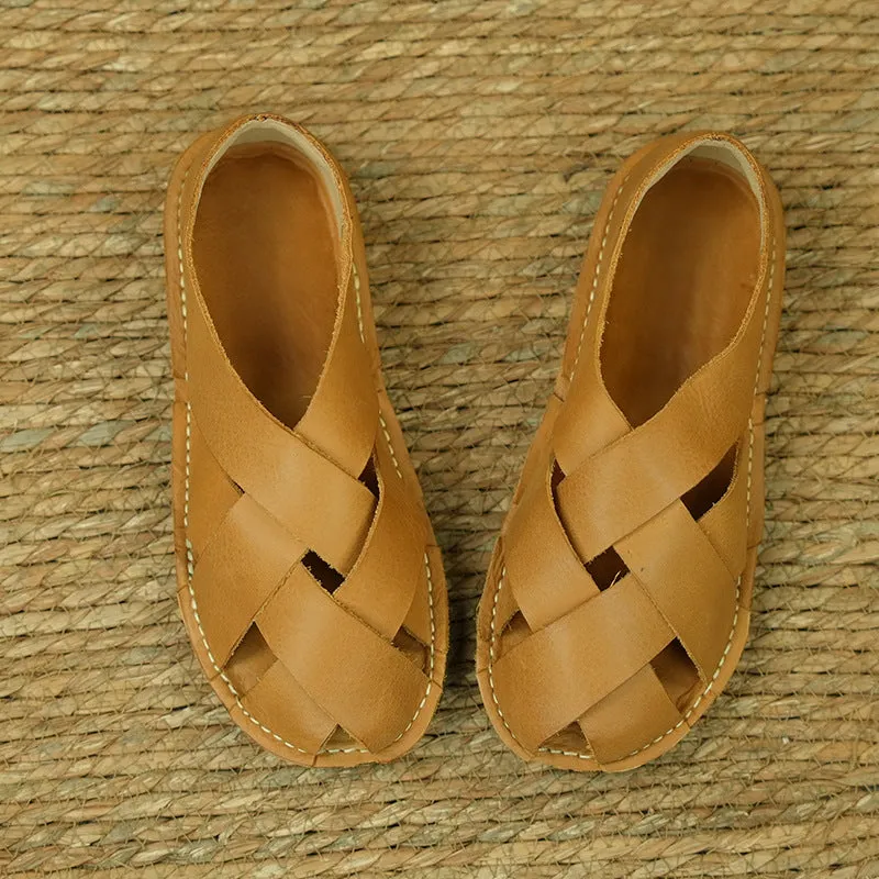 Women Summer Casual Genuine Cowhide Woven Flats Soft Sole Shoes