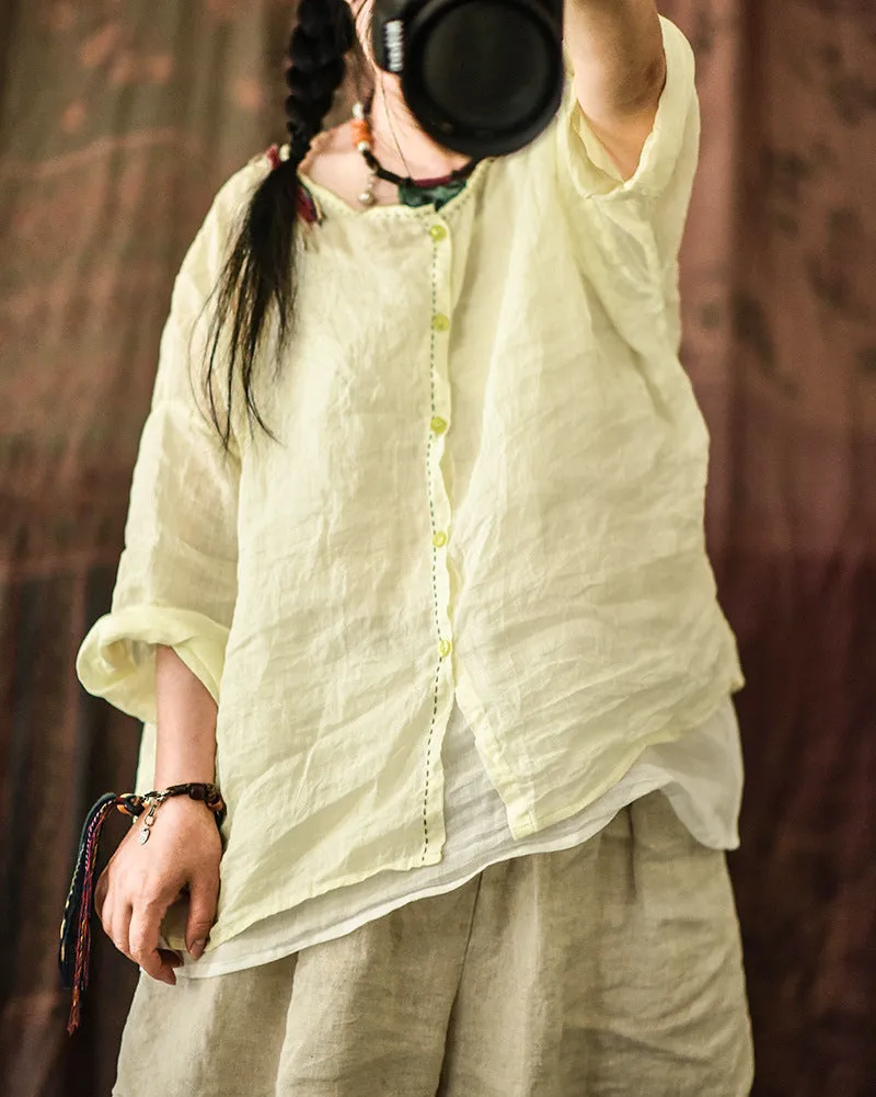 Women's Retro Lightweight Loose Long Sleeves Ramie Shirt