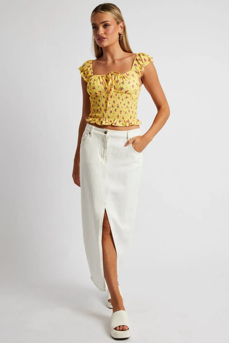 Yellow Floral Puff Sleeve Top Short Sleeve