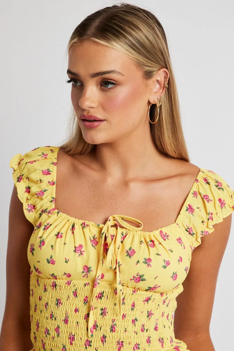 Yellow Floral Puff Sleeve Top Short Sleeve